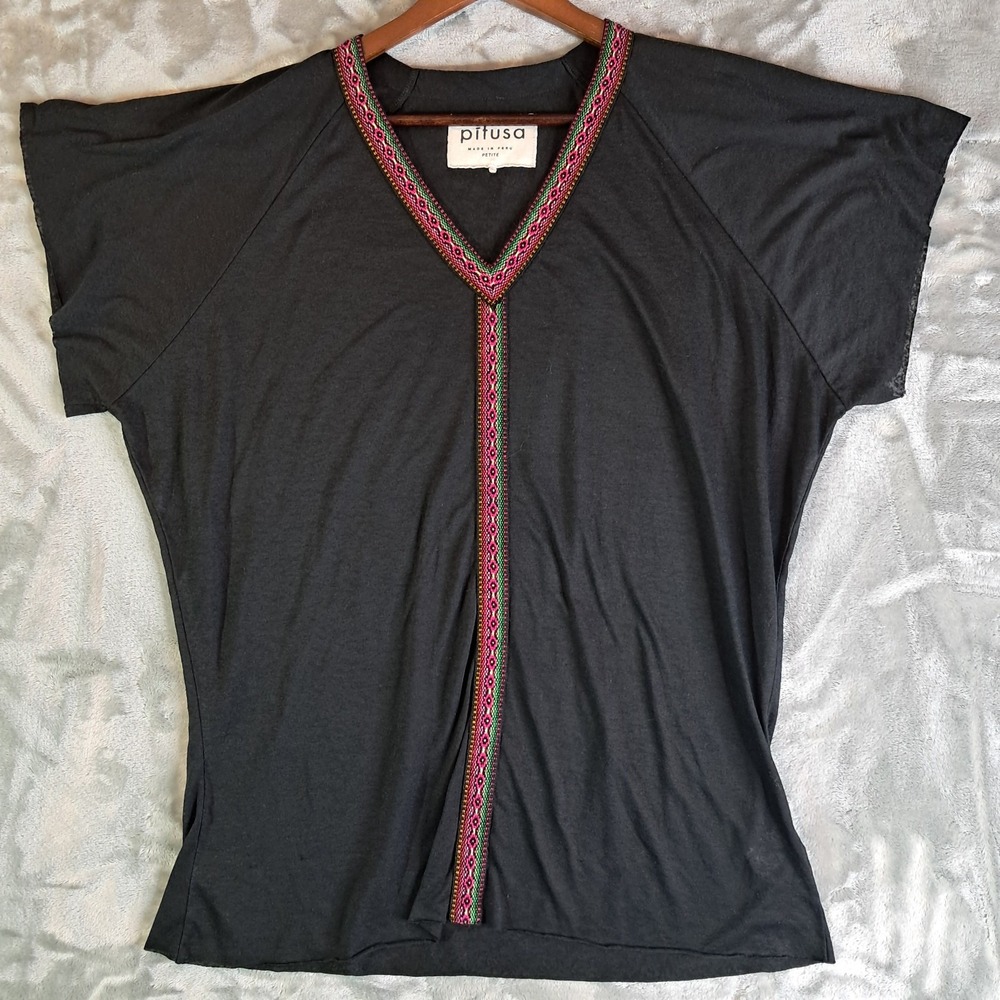 Pitusa Womens Mini Inca Top Tunic Black Embroidered V Neck Short Sleeve Petite